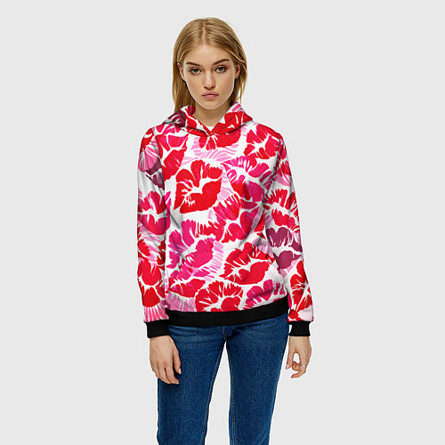 Женская толстовка Девчачьи отпечатки красных губ - подарок любви / 3D-Черный – фото 3