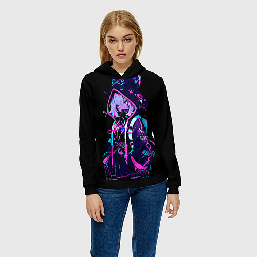 Женская толстовка Девушка неоновая кошка / 3D-Черный – фото 3
