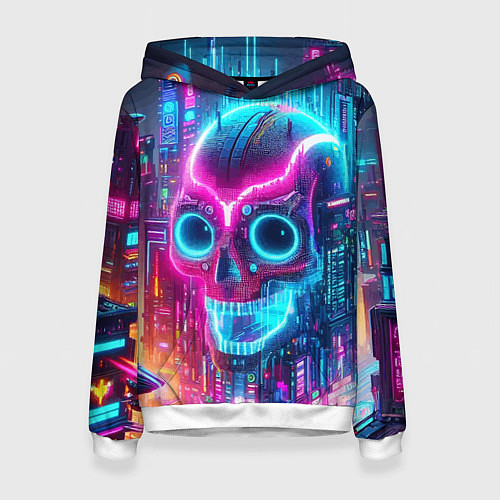 Женская толстовка Neon skull in metropolis - future / 3D-Белый – фото 1