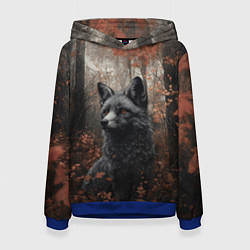 Толстовка-худи женская Черный лис в пасмурном лесу, цвет: 3D-синий