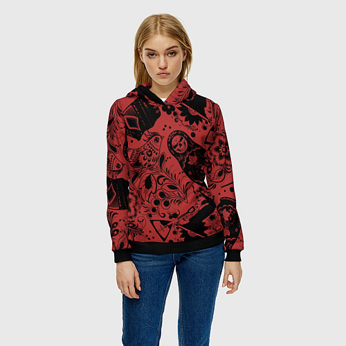 Женская толстовка Матрёшка с черепом на фоне славянских узоров и бал / 3D-Черный – фото 3