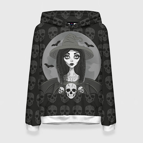 Женская толстовка Ведьма, череп, Хэллоуин / 3D-Белый – фото 1