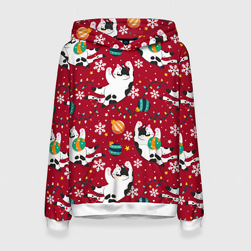Женская толстовка Новогодний паттерн с котиками / 3D-Белый – фото 1