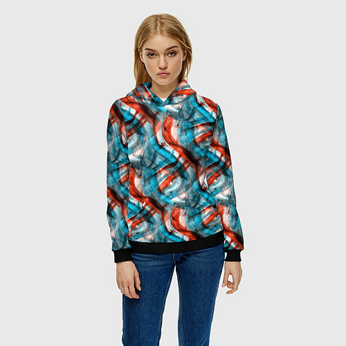 Женская толстовка Акварель голубые и красные мазки / 3D-Черный – фото 3