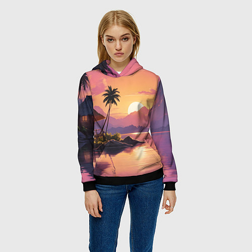 Женская толстовка Домик на берегу закат / 3D-Черный – фото 3
