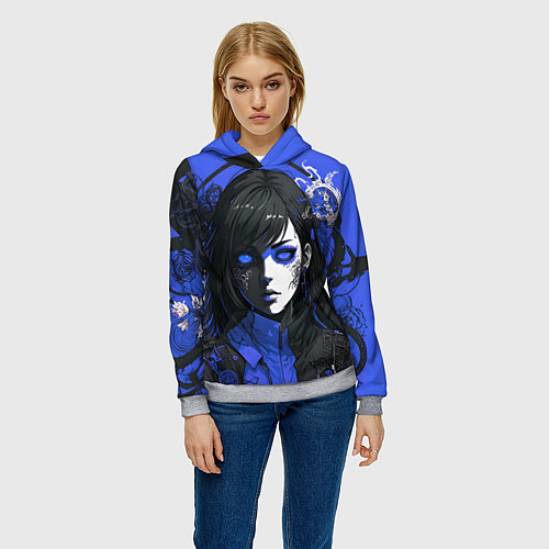 Женская толстовка Девушка в стиле аниме в куртке на голубом фоне / 3D-Меланж – фото 3