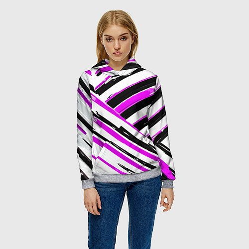 Женская толстовка Розово-чёрные полосы на белом фоне / 3D-Меланж – фото 3