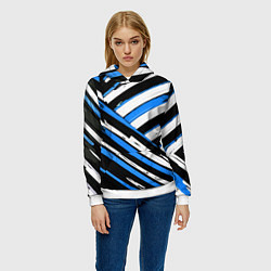 Толстовка-худи женская Бело-синие диагональные полосы на чёрном фоне, цвет: 3D-белый — фото 2
