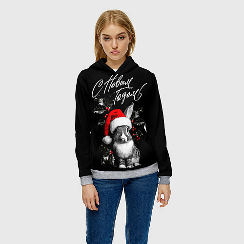 Женская толстовка Милый кролик в шапке Деда Мороза / 3D-Меланж – фото 3