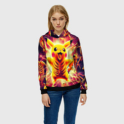 Толстовка-худи женская Огненный Пикачу среди скелетов - нейроарт, цвет: 3D-черный — фото 2