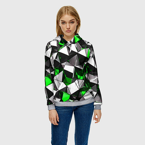 Женская толстовка Зелёно-белые рельефные треугольники на чёрном фоне / 3D-Меланж – фото 3