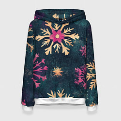 Толстовка-худи женская Новогодние разноцветные снежинки, цвет: 3D-белый