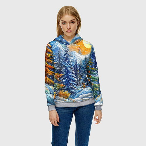Женская толстовка Новогодние елки в лесу масляные краски / 3D-Меланж – фото 3