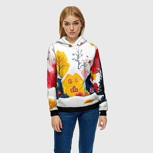 Женская толстовка Желтые и синие новогодние домики / 3D-Черный – фото 3