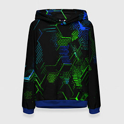 Толстовка-худи женская Сине-зелёные точки и линии на чёрном фоне, цвет: 3D-синий