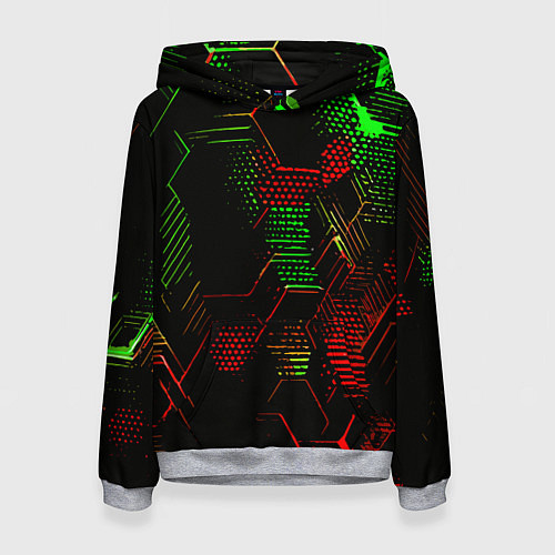 Женская толстовка Красно-зелёные точки и линии на чёрном фоне / 3D-Меланж – фото 1