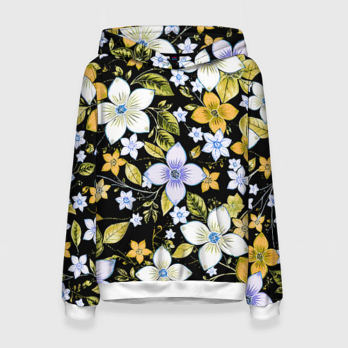 Женская толстовка Жёлто-белые цветы на чёрном фоне / 3D-Белый – фото 1