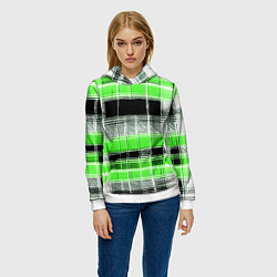 Толстовка-худи женская Белые полосы на чёрно-зелёном фоне, цвет: 3D-белый — фото 2