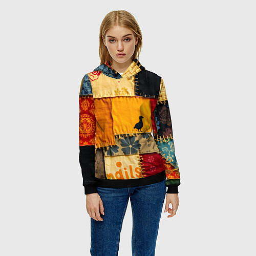 Женская толстовка Пэчворк с птичкой / 3D-Черный – фото 3