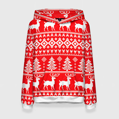 Женская толстовка Новогодние мотивы елки и олени на красном / 3D-Белый – фото 1