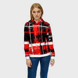Толстовка-худи женская Красно-белый гранж на чёрном фоне, цвет: 3D-белый — фото 2