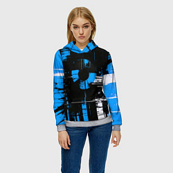 Толстовка-худи женская Сине-белый гранж на чёрном фоне, цвет: 3D-меланж — фото 2