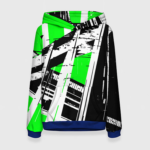 Женская толстовка Чёрно-белые абстрактные линии на зелёном фоне / 3D-Синий – фото 1