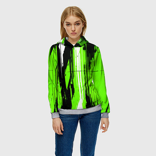 Женская толстовка Вертикальные чёрно-белые линии на зелёном фоне / 3D-Меланж – фото 3