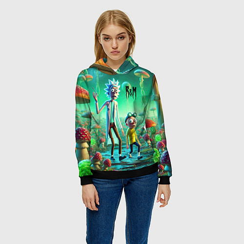 Женская толстовка Рик и Морти изучают планету мухоморов - нейроарт ф / 3D-Черный – фото 3