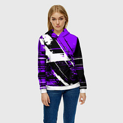 Толстовка-худи женская Diagonal black and white stripes on a purple backg, цвет: 3D-белый — фото 2