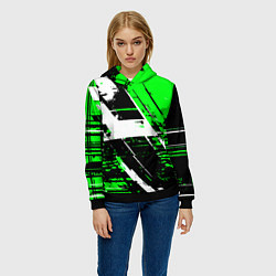 Толстовка-худи женская Diagonal black and white stripes on a green backgr, цвет: 3D-черный — фото 2