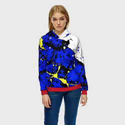 Толстовка-худи женская Сине-жёлтая абстракция на белом фоне, цвет: 3D-красный — фото 2