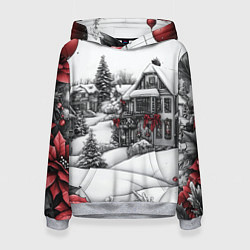Толстовка-худи женская Бело-красное новогоднее настроение, цвет: 3D-меланж