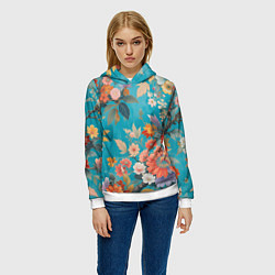 Толстовка-худи женская Цветочки на голубом фоне, цвет: 3D-белый — фото 2