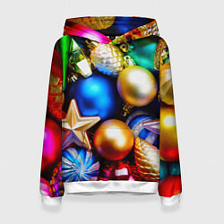 Толстовка-худи женская Новогодние украшения, цвет: 3D-белый