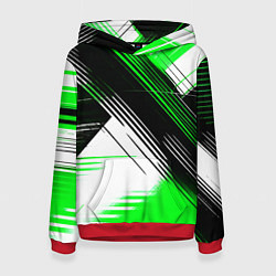 Толстовка-худи женская Диагональные зелёно-чёрные линии на белом фоне, цвет: 3D-красный
