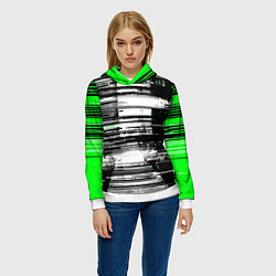 Толстовка-худи женская Горизонтальные чёрные линии на бело-зелёном фоне, цвет: 3D-белый — фото 2