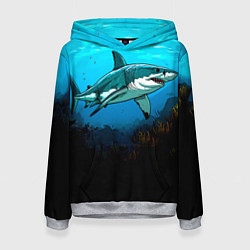 Толстовка-худи женская Акула в синем море, цвет: 3D-меланж