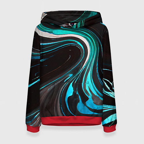 Женская толстовка Волнистые бело-голубые линии на чёрном фоне / 3D-Красный – фото 1