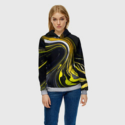 Толстовка-худи женская Волнистые бело-жёлтые линии на чёрном фоне, цвет: 3D-меланж — фото 2