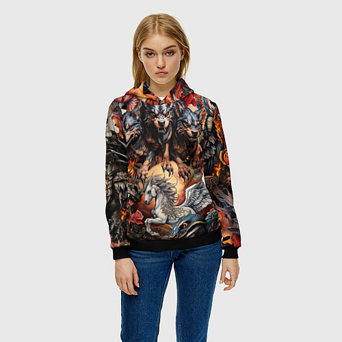 Женская толстовка Мифические существа в стиле татуировки Ирезуми / 3D-Черный – фото 3