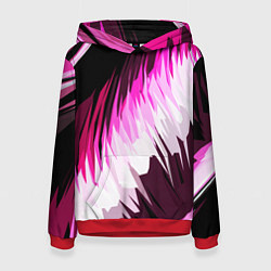 Толстовка-худи женская Бело-розовые острые полосы на чёрном фоне, цвет: 3D-красный