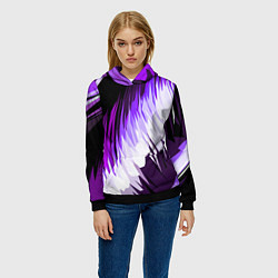 Толстовка-худи женская Бело-фиолетовые острые полосы на чёрном фоне, цвет: 3D-черный — фото 2