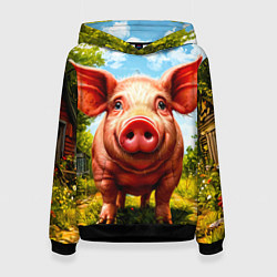 Толстовка-худи женская Свинка в деревне, цвет: 3D-черный