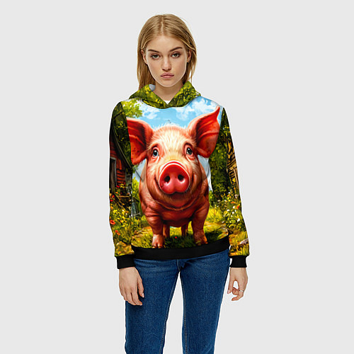 Женская толстовка Свинка в деревне / 3D-Черный – фото 3