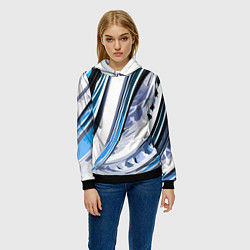 Толстовка-худи женская Волнистая бело-синяя абстракция, цвет: 3D-черный — фото 2
