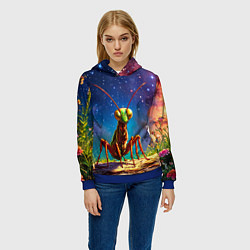 Толстовка-худи женская Богомол и звездное небо, цвет: 3D-синий — фото 2