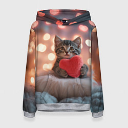 Толстовка-худи женская Котенок поздравляет с днем святого Валентина, цвет: 3D-меланж