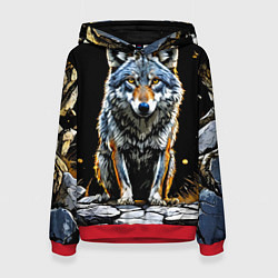 Толстовка-худи женская Волк на черном, цвет: 3D-красный