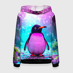 Толстовка-худи женская Пингвин в неоновых искрах, цвет: 3D-черный